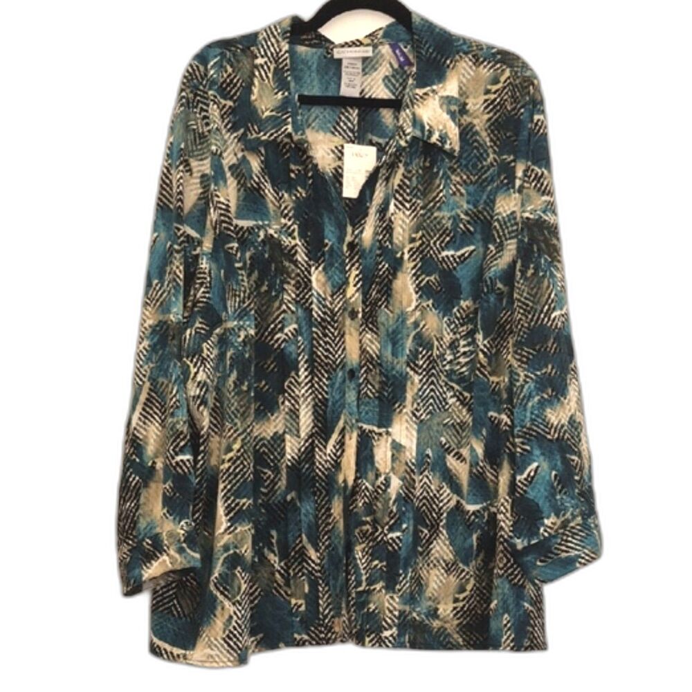 Catherines Top Blouse Plus 3X 26/28WP Green Collared Pleats LS Roll Tab NWT